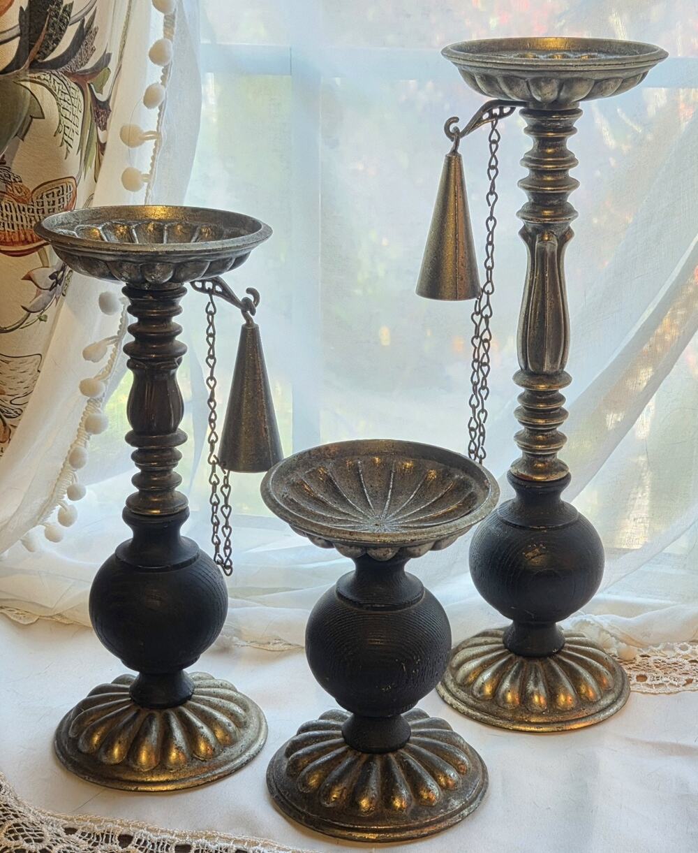 VTG Dilly Pillar Candle Holders Chained Snuffers Gothic Style Black Gold Tone